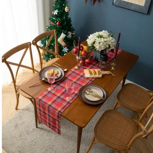 Christmas tartan table runner with classic red and blue checkered cotton linen pattern