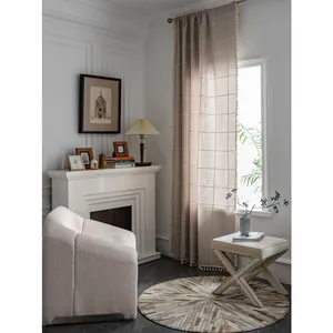 Linen textured beige plaid curtain with tassel fringe for home interior decor