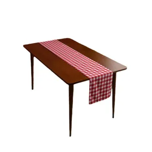 Classic red and white plaid double-layer cotton linen table runner on a wooden table