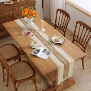 Nordic cotton linen table runner with geometric stripes and handmade woven tassels