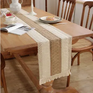 Nordic cotton linen table runner with geometric stripes and handmade woven tassels