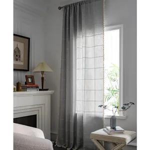 Grey minimalist faux linen plaid curtain with tassels for kitchen, semi-sheer rod pocket style