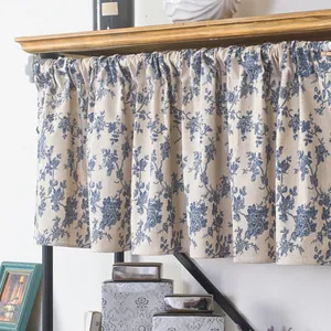 Floral cafe curtain with blue patterns on beige linen fabric for rustic home decor