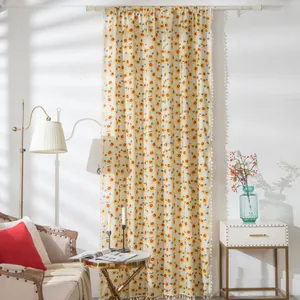 Nordische Baumwolle Leinen Sonnenblumen Floral Druck Vorhänge Mit Quastenrand Stangendurchzug Haken Halbverdunkelung Vorhang