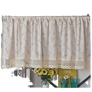 Floral cotton linen short curtain with lace trim for windows and cabinets
