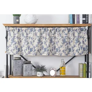 Beige floral cafe curtain with blue botanical patterns for shelves or windows