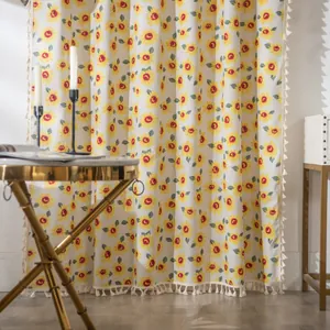 Vorhang mit Sonnenblumenmuster aus Baumwollleinen mit dekorativen Quasten für Zuhause
