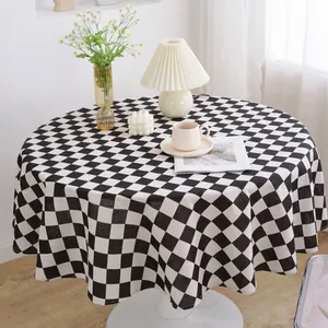 Minimalist black and white checkerboard round tablecloth made of premium cotton linen fabric