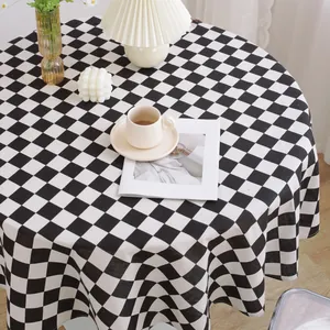Minimalist black and white checkerboard round tablecloth in premium cotton linen fabric