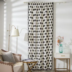 Cortinas Nórdicas Minimalistas Modernas de Lino de Algodón Grueso con Estampado de Alfabeto y Lunares Negros con Borlas para Sala