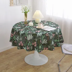 Nordic style round cotton linen tablecloth with tropical green leaf print for home decor
