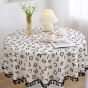 Mantel redondo nórdico de algodón y lino con estampado de letras y flecos