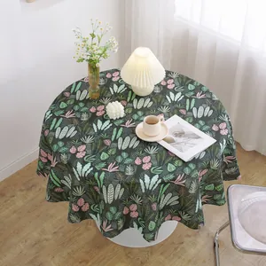 Nordic round tablecloth with tropical plant leaves pattern on green cotton linen fabric