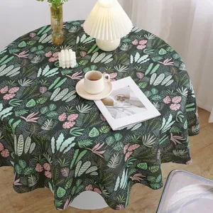Nordic round cotton linen tablecloth with tropical leaf patterns for home dining decor