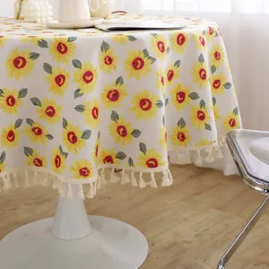 Nappe ronde tournesol avec franges, tissu rustique en coton et lin pour décoration