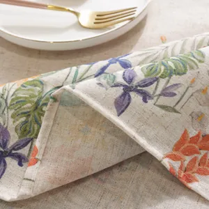 Tovaglia rettangolare in lino con stampa tropicale di monstera e fiori per la tavola