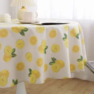 Linen cotton round tablecloth featuring fresh lemon print for modern home dining decor