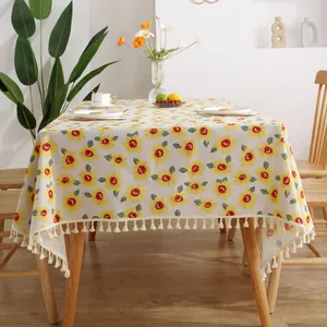 Linnen rechthoekig tafelkleed met zonnebloemprint en decoratieve kwastjes voor huisdecor
