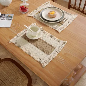 Mantel Individual y Camino de Mesa Tejido de Ramio y Algodón Estilo Bohemio Escandinavo Con Borlas Resistente al Calor Decoración de Mesa