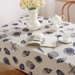 Linen table cloth with Mediterranean blue seashell prints and rustic starfish patterns