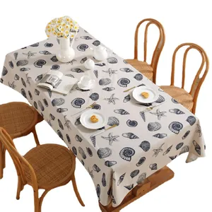 Linen rectangular tablecloth with navy blue seashell and starfish Mediterranean patterns