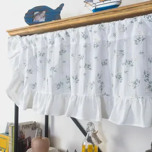 Pastoral white cafe curtain with floral pattern and ruffled hem for kitchen windows