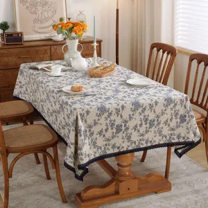 Nappe Rétro Française Imprimé Floral Bleu Coton Lin Rectangulaire Carrée Lavable Couverture de Table Gland Dentelle Décor Maison