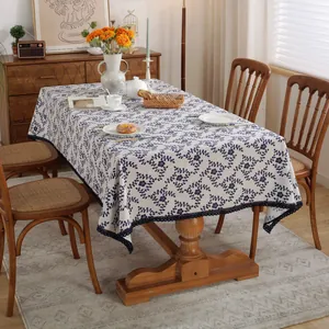 Ins Stijl Blauwe Pruimenbloesem Bloemenprint Tafelkleed Rechthoekig Katoen Linnen Tafelkleed Met Kantafwerking Voor Eettafel Decoratie
