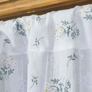 Floral ruffle kitchen cafe curtain with white wildflower pattern and pleated texture