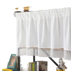 Rideau de café blanc en coton avec frange en dentelle et texture en lin minimaliste