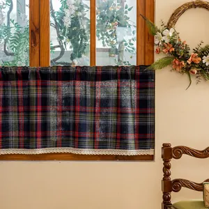 Detail of classic plaid cafe curtain with blue patterns and white lace trim