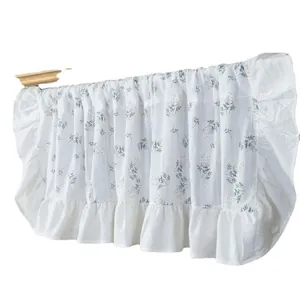 Floral ruffles kitchen cafe curtain in cream cotton linen on gold rod