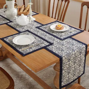 European Vintage Rectangular Polyester Cotton Blend Placemats With Blue Floral Print And Crochet Lace Trim For Dining Room Decor