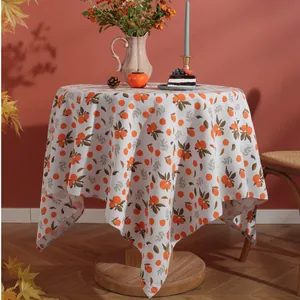 Nordic Autumn Orange Cotton Linen Tablecloth Rectangular Round Halloween Pumpkin Ghost Printed Table Cloth Home Decor