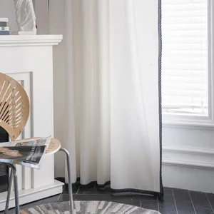 French minimalist cream cotton linen curtains with dark blue lace trim for windows