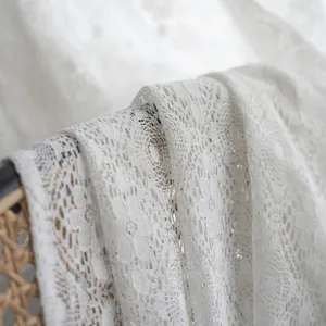 White lace curtain with Nordic hollow four-leaf clover floral pattern and soft drape texture