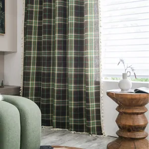 Retro Christmas red and green plaid curtain with white tassel fringe for kitchen windows