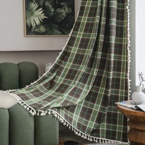Vintage Christmas Red Green Plaid Curtains With Tassels For Kitchen Bedroom Semi Blackout Polyester Cotton Blend Window Drapes
