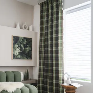 Retro Christmas red and green plaid curtain with cream tassels for kitchen and bay windows