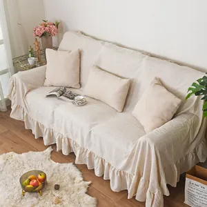Nordic minimalist cream ruffled sofa cover made of durable linen fabric for living rooms