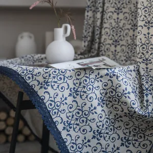 Vintage Klein Blue baroque floral cotton linen curtain with exquisite lace edge trim