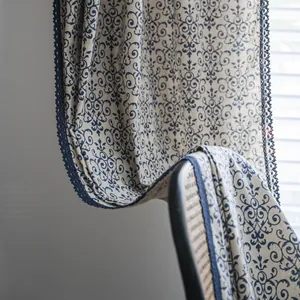 Blue damask pattern cotton linen curtains with elegant lace trim in home setting