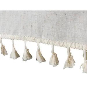 Rideau nordique en lin beige avec dentelle tissée élégante et petits glands