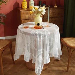 European Retro Lace Tablecloth With Ruffles Hollow Out Floral Embroidery Round Rectangle Table Cover For Wedding Home Party Decor