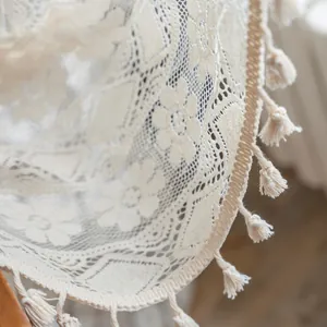 Beige hollow flower lace curtain with delicate floral embroidery and elegant tassels