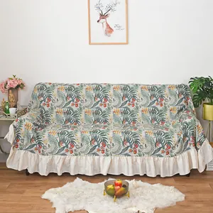 Floral ruffles sofa cover with tropical palm leaf pattern in cream cotton linen fabric