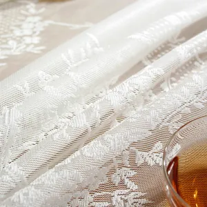 Close-up of white lace tablecloth with floral patterns and delicate hollow-out mesh detail