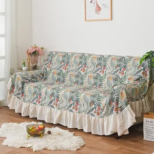 Tropical leaf print sofa cover with ruffle edge in an American pastoral style setting