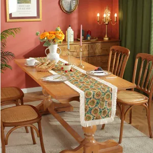 American Vintage Cotton Jacquard Table Runner With Tassels Sunflower Bird Pattern Decorative Table Cloth For Dining Table