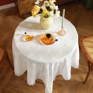 French Pastoral 3D Embroidered Flower Tablecloth White Cotton Thread Hollow Out Lace Edge Rectangle Square Table Cover